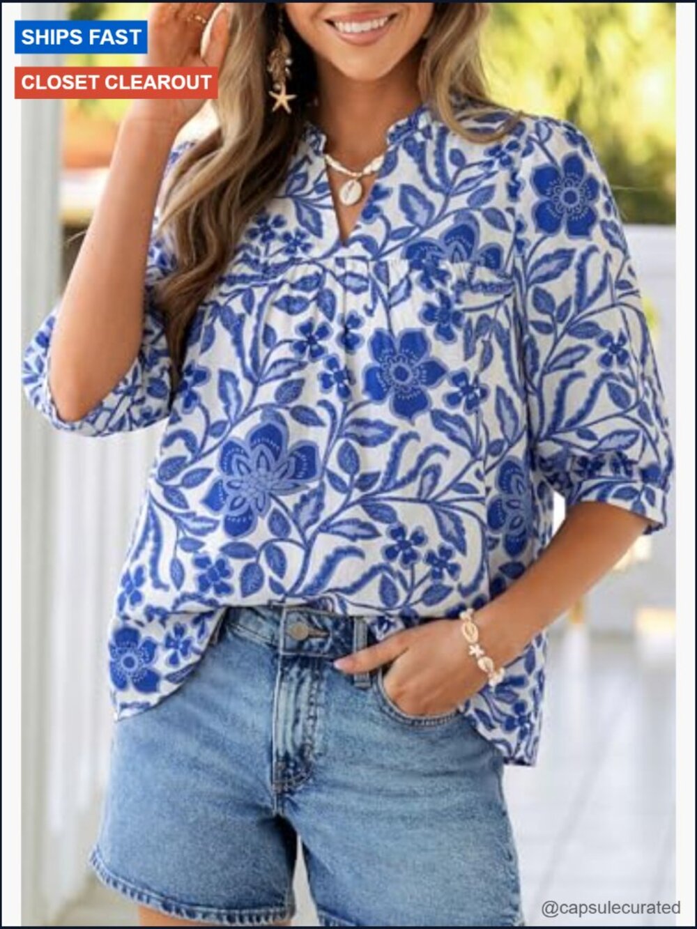 Floral Boho Blouse Half Sleeve V Neck Dressy Casual Top - Picture 3 of 7
